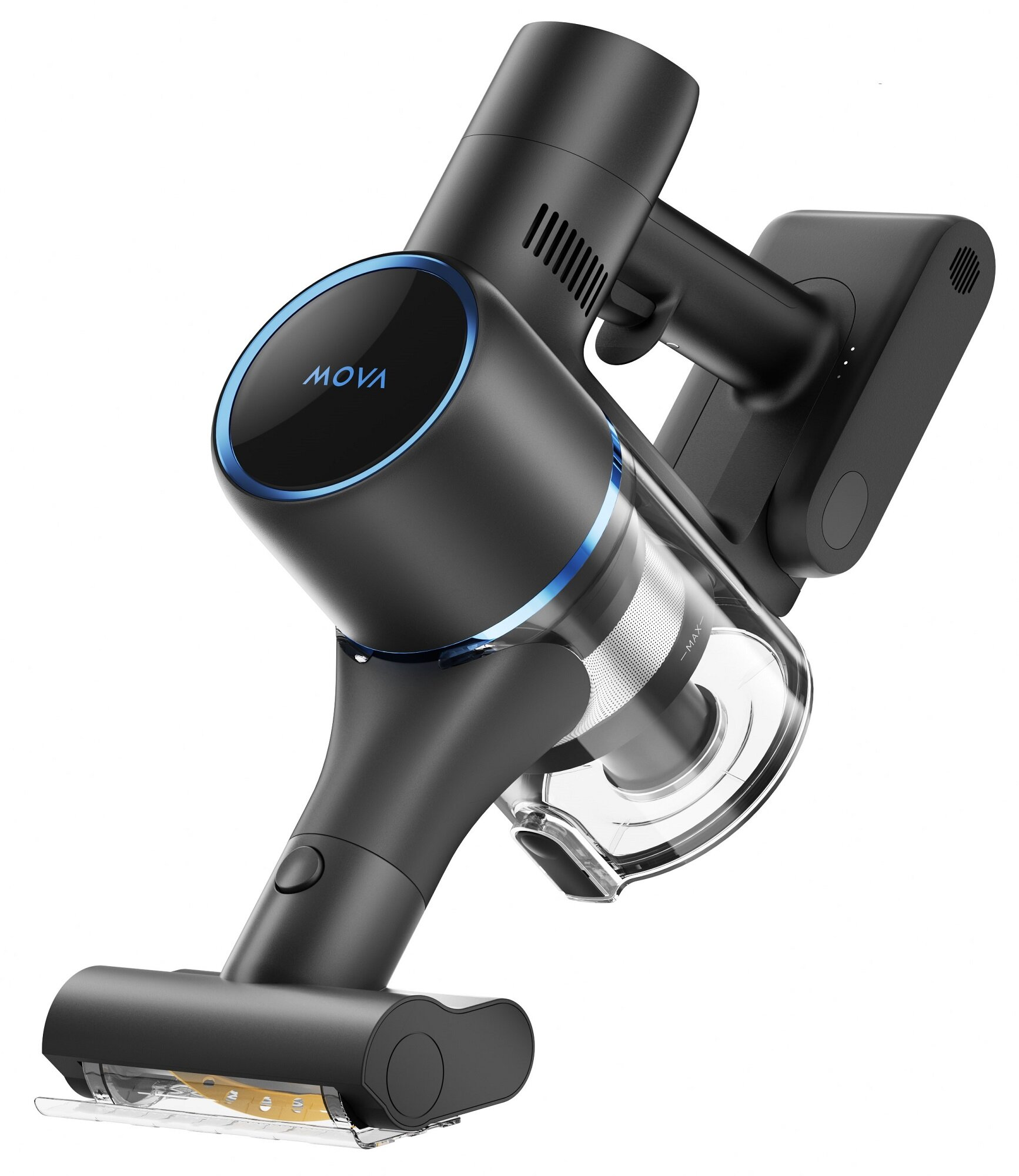 Czarny i niebieski odkurzacz bezprzewodowy z marką MOVA. Ma przezroczysty pojemnik na kurz.