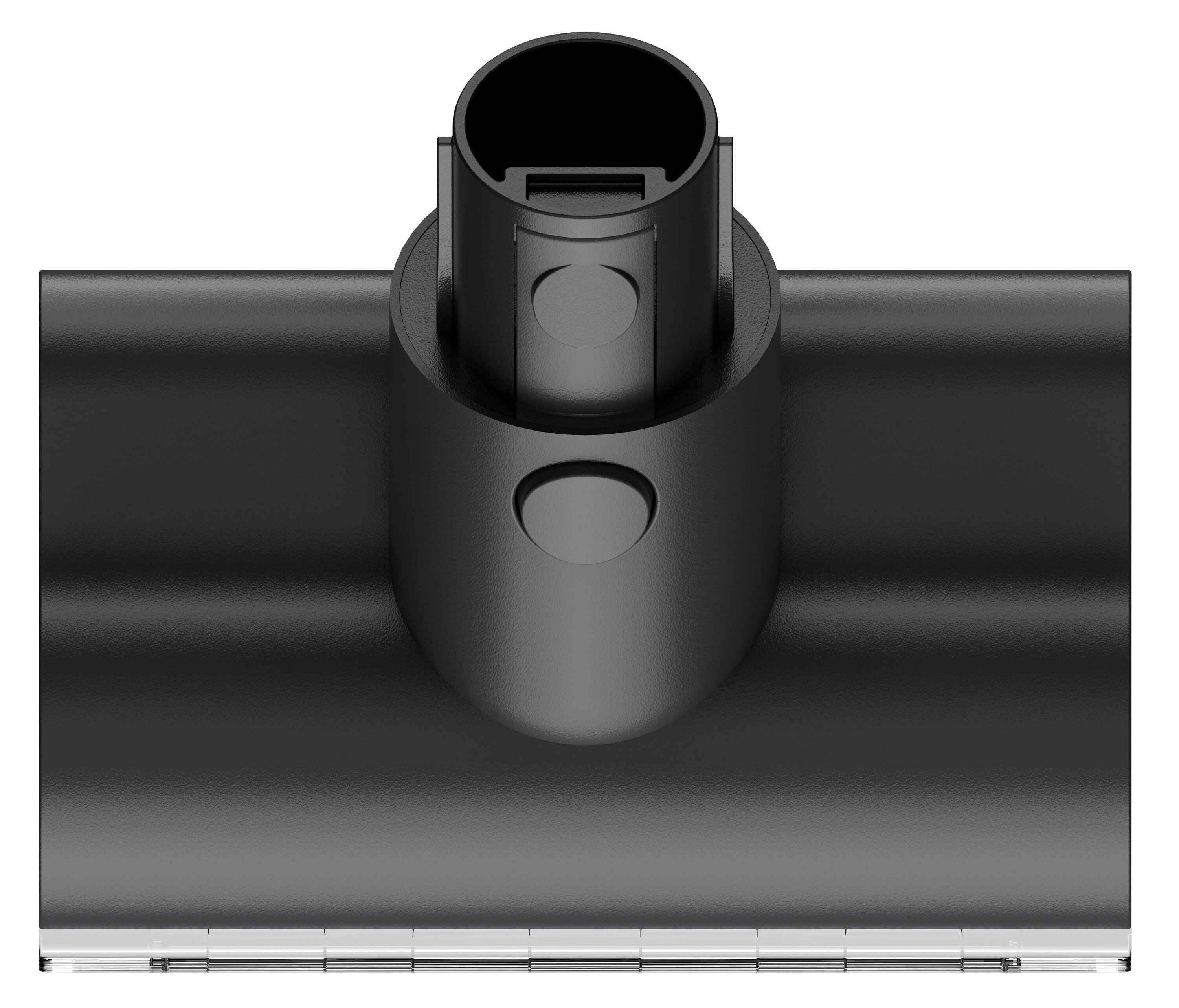 Czarna głowica odkurzacza, widok z góry. Ma cylindryczny korpus z prostokątną górą i srebrną krawędzią.