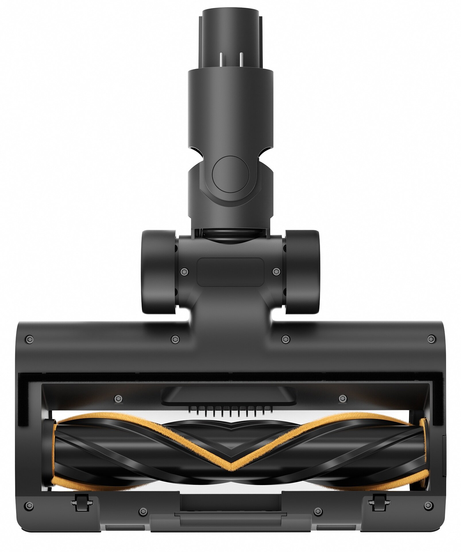 Czarna głowica odkurzacza z pomarańczową szczotką rolkową na białym tle. Górna część ma kształt cylindryczny.
