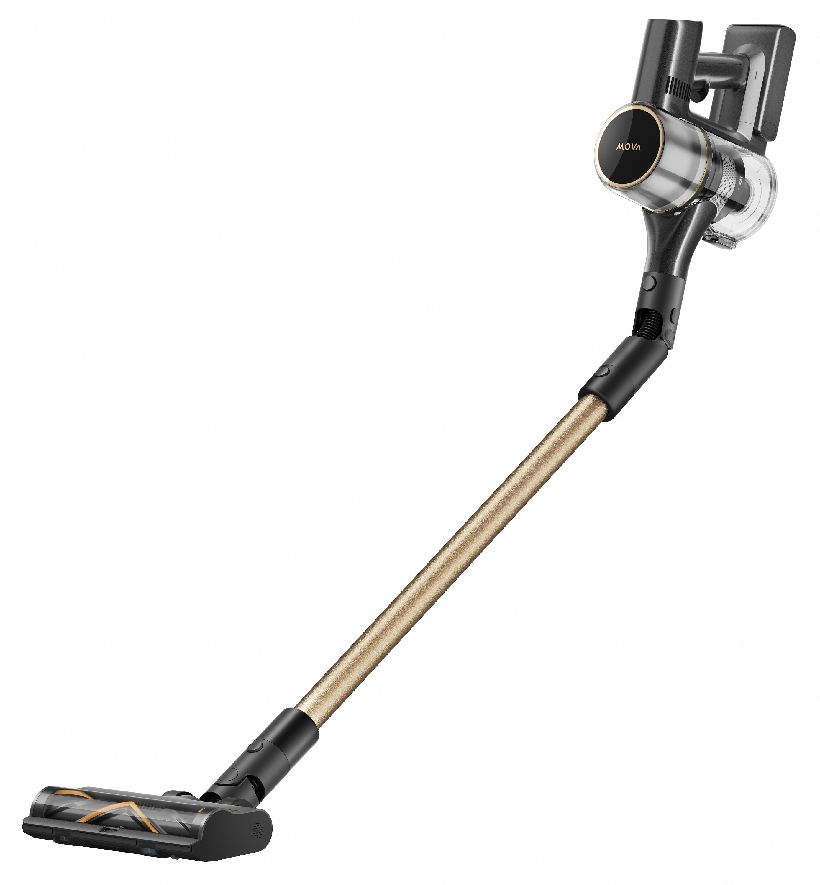Bezprzewodowy odkurzacz, czarny i złoty, ustawiony pod kątem na białym tle. Marka to 'MOVA'.