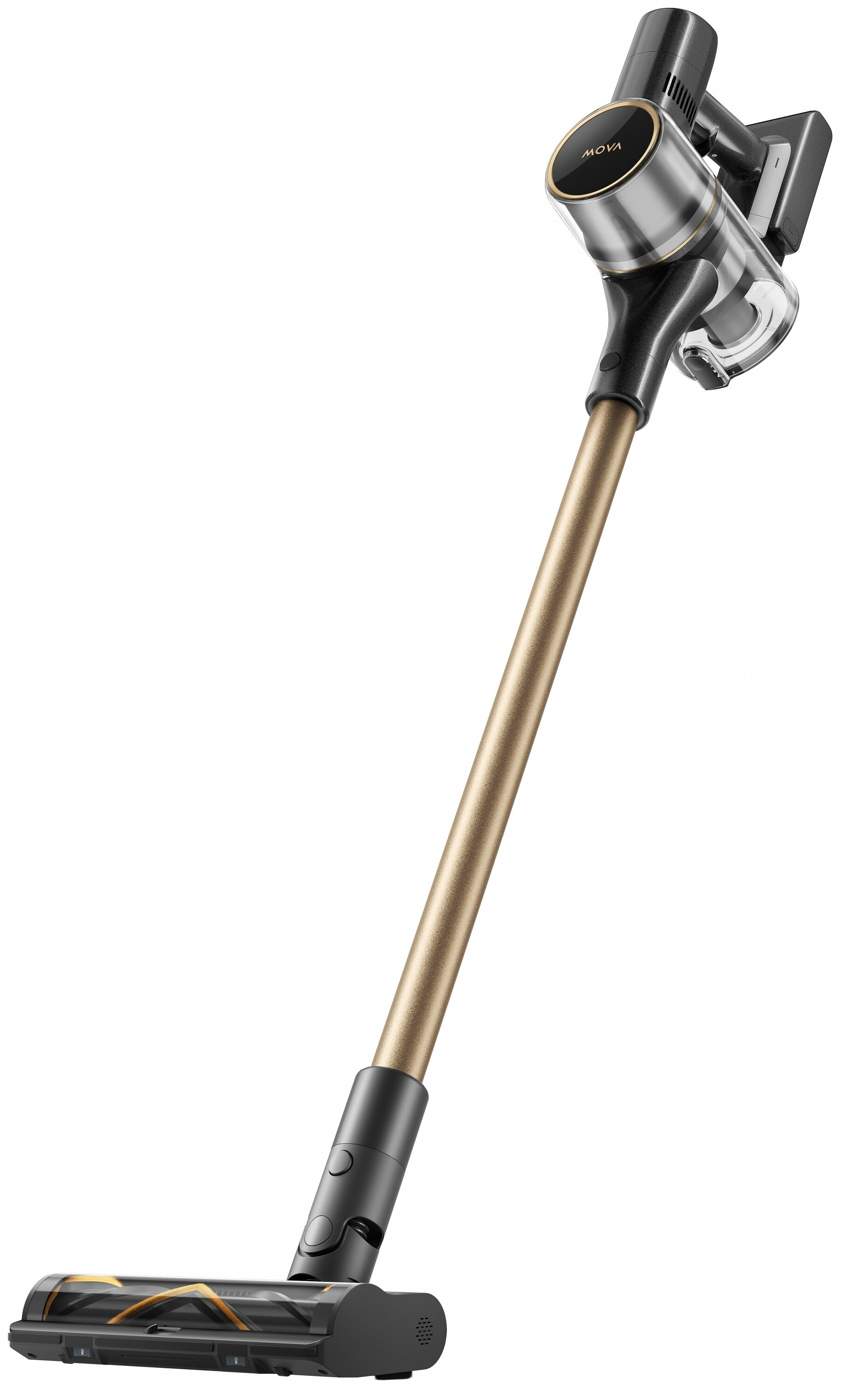 Odkurzacz bezprzewodowy w czarno-złotej kolorystyce. Widoczna marka MOVA. Na białym tle.