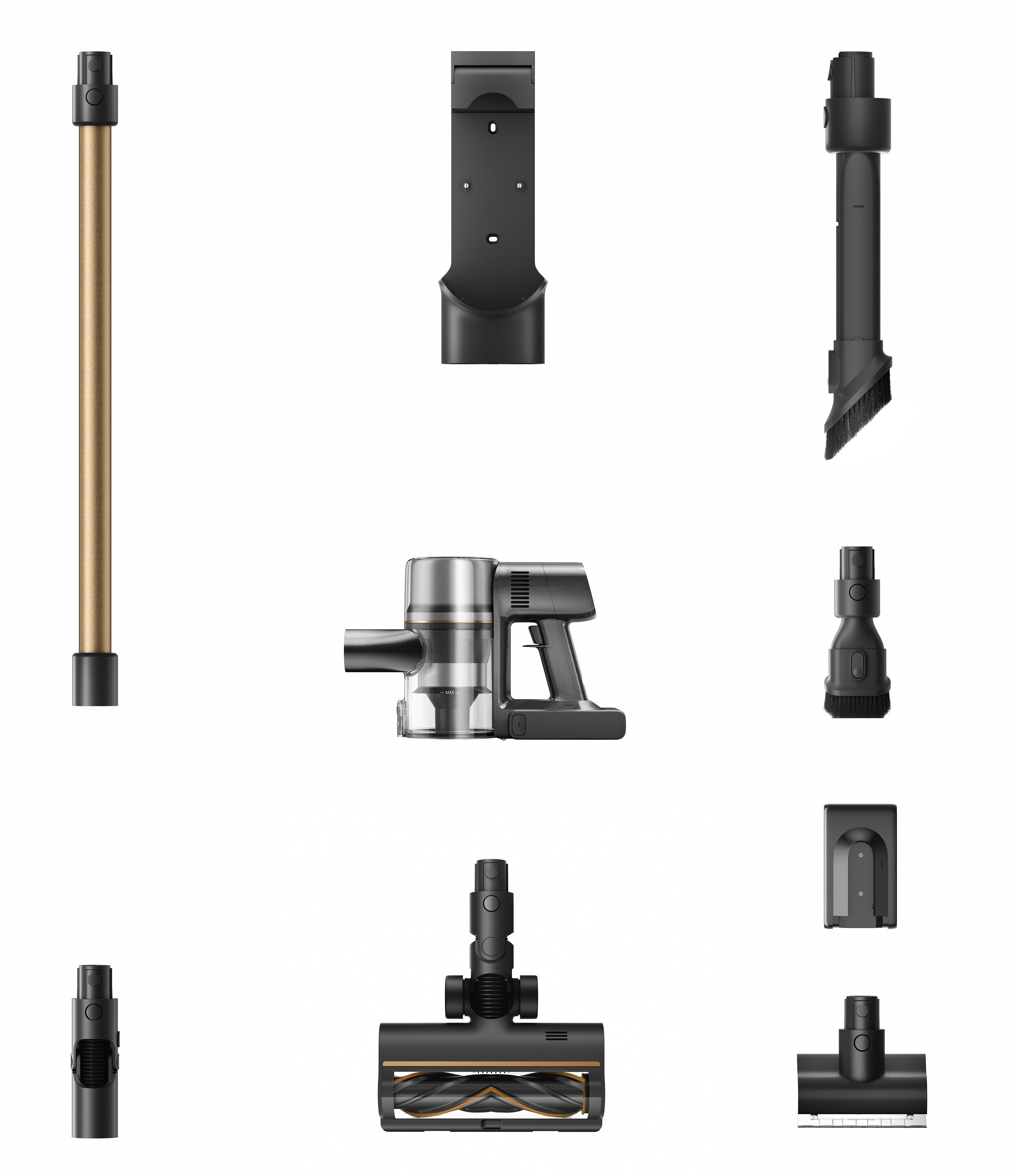 Obraz przedstawiający bezprzewodowy odkurzacz i jego różne akcesoria, wszystkie na białym tle.
