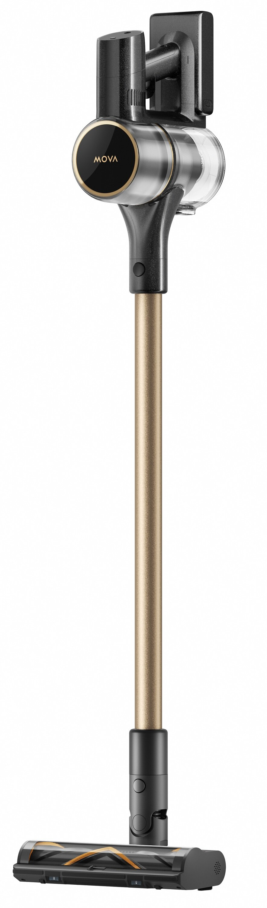 Bezprzewodowy odkurzacz MOVA. Ma czarno-złotą kolorystykę. Rękojeść jest złota, a korpus czarny.