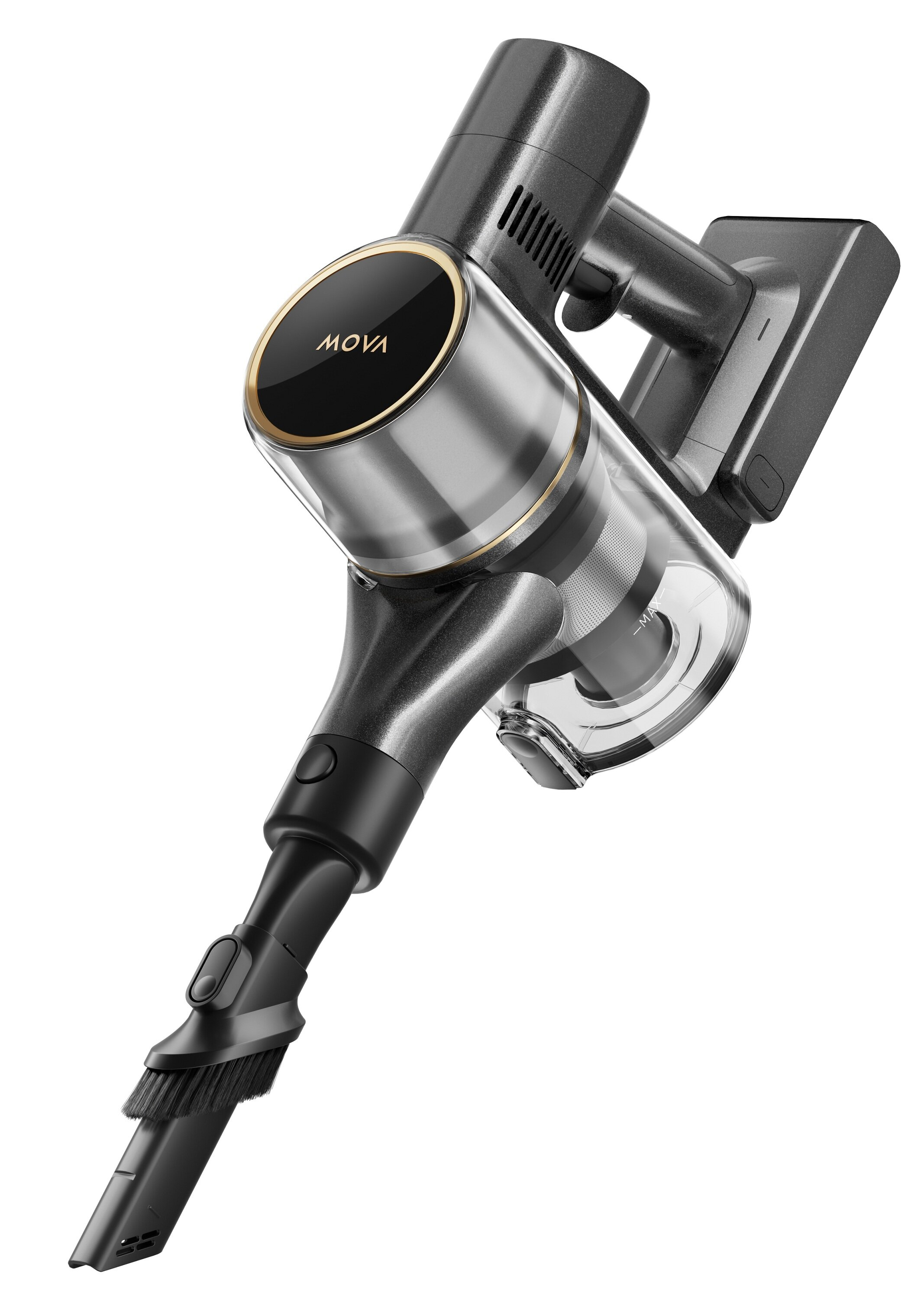 Bezprzewodowy odkurzacz z czarno-srebrnym korpusem. Posiada końcówkę szczotkową i widoczna jest nazwa marki MOVA.