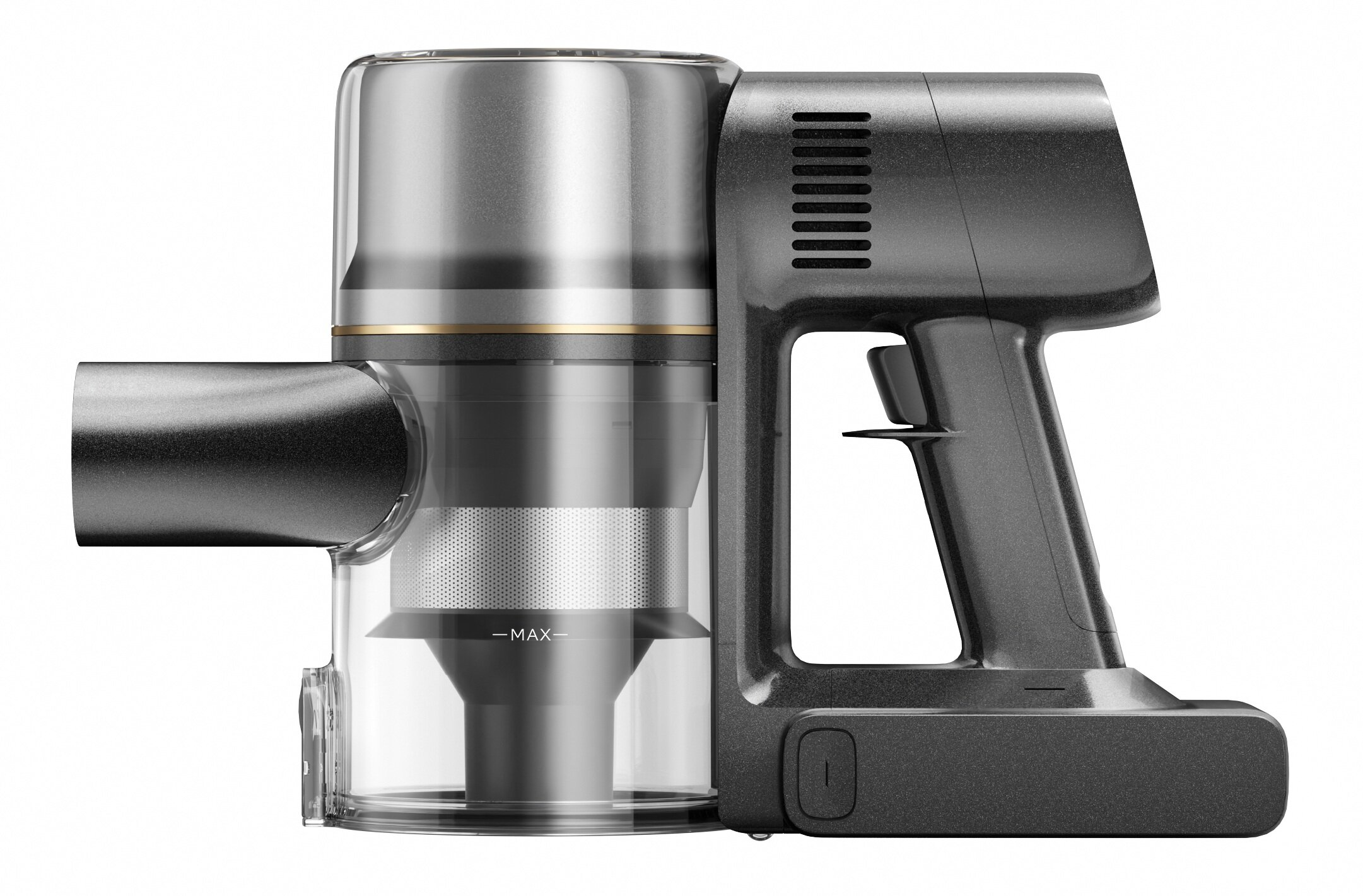 Odkurzacz bezprzewodowy ze srebrnym i czarnym korpusem. Posiada przezroczysty pojemnik na kurz z linią 'MAX'. Uchwyt jest czarny.