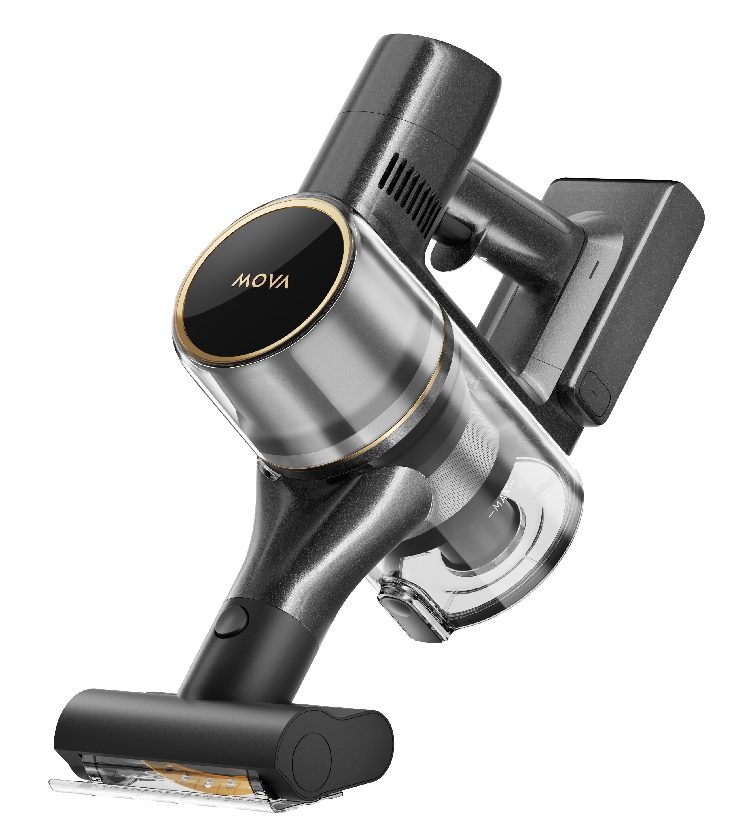 Odkurzacz bezprzewodowy. Ma czarny i srebrny korpus, przezroczysty pojemnik na kurz i złote wykończenia. Marka MOVA.
