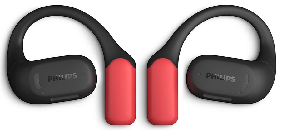 Czarne i czerwone słuchawki Philips. Słuchawki są czarne z logo Philips, a pasek łączący jest czerwony.