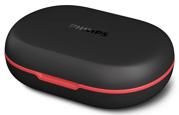 Czarne etui na słuchawki Philips z czerwonym akcentem. Logo Philips znajduje się na górze.