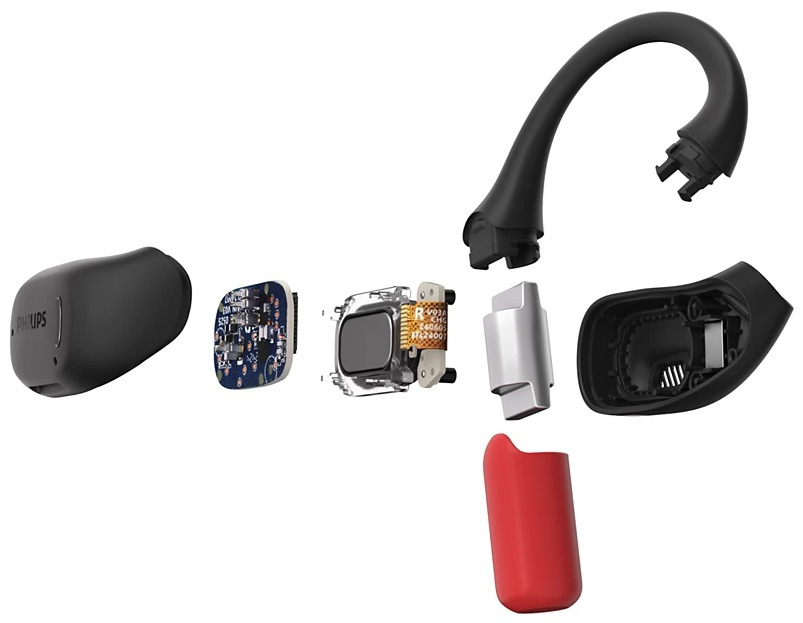 Widok rozłożony czarnej i czerwonej słuchawki, pokazujący komponenty: słuchawkę, płytkę obwodu, głośnik, srebrną część i czerwoną część.