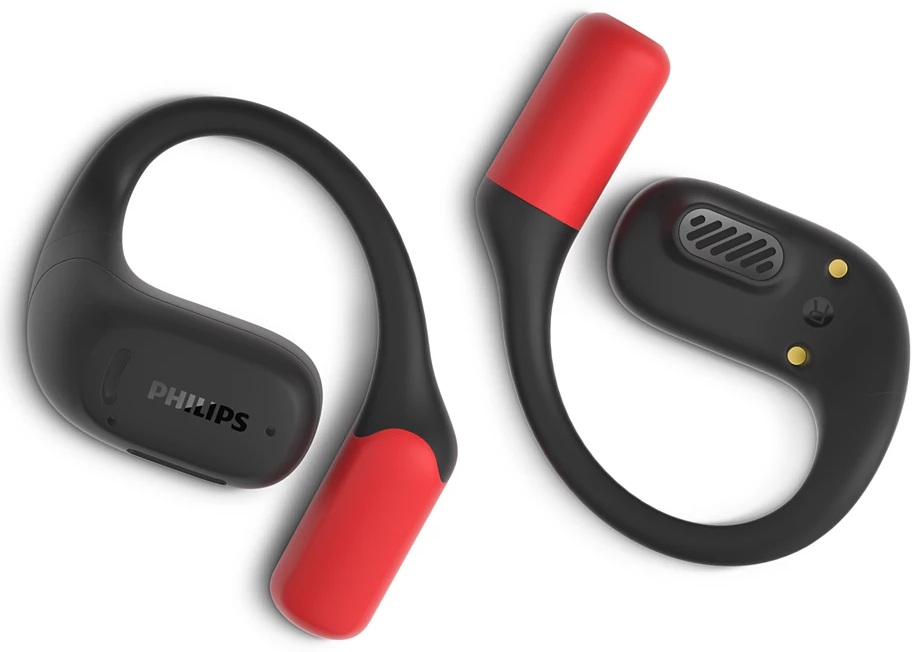 Dwa bezprzewodowe, czarne i czerwone słuchawki Philips na białym tle. Lewy pokazuje nazwę marki.