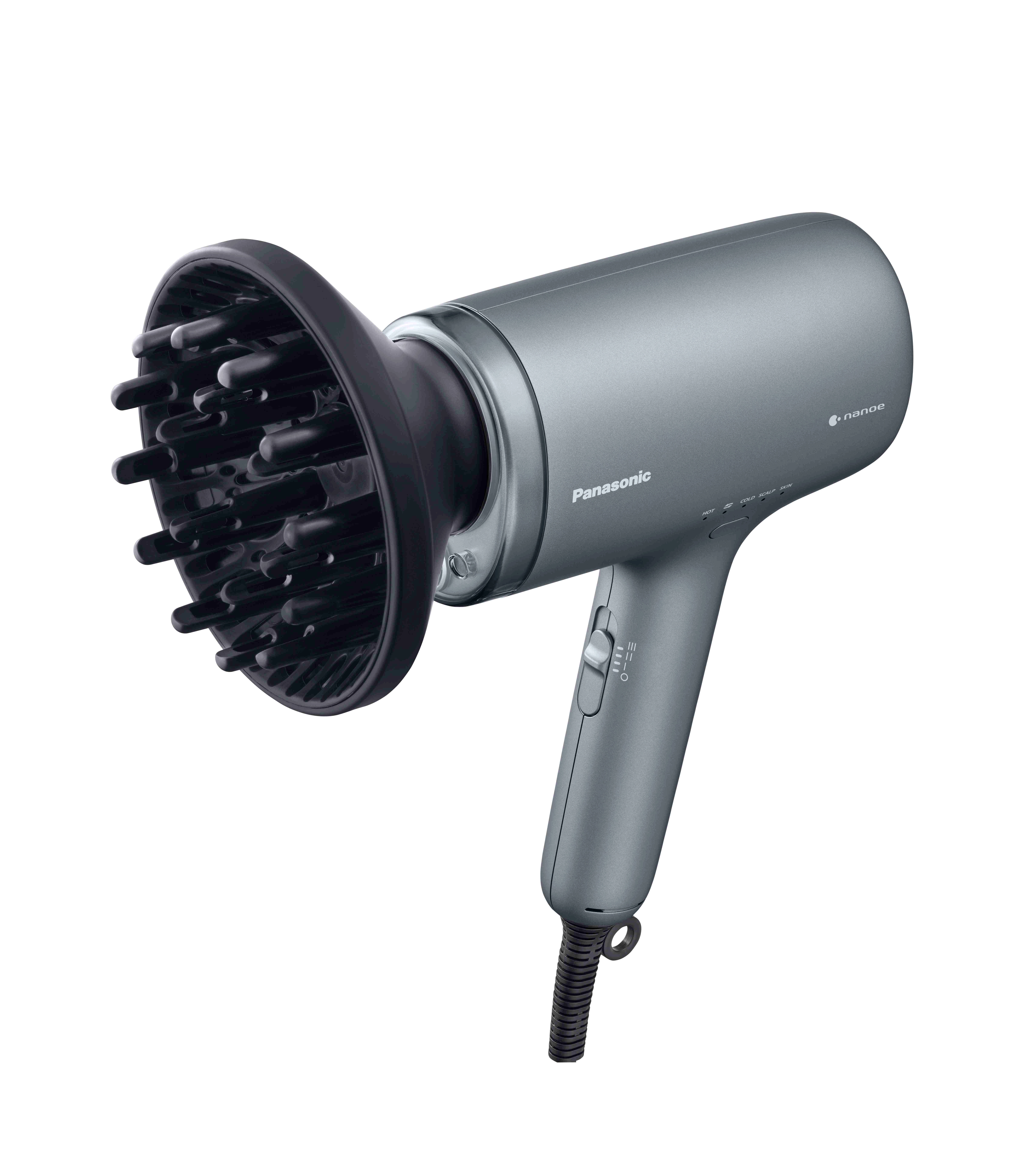 Szara suszarka do włosów Panasonic z czarnym dyfuzorem. Ma przyciski i ustawienia do pielęgnacji włosów.