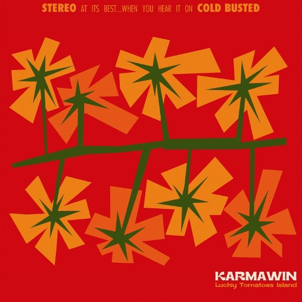 Roter Hintergrund mit stilisierten orangefarbenen Blumen und grünen Stielen. Text oben und unten: KARMAWIN und STEREO AT ITS BEST.