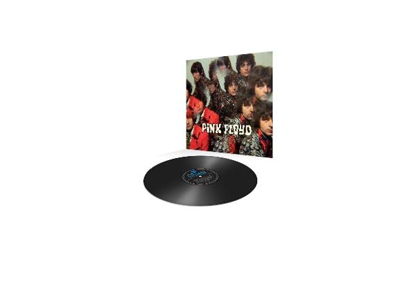 Eine Schallplatte mit einem Pink Floyd-Albumcover, das Bandmitglieder zeigt. Die Platte ist schwarz, der Hintergrund ist weiß.
