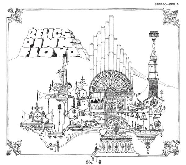 Schwarz-weißes Albumcover. Titel: Relics Pink Floyd. Mit einem komplizierten, architektonischen Design mit verschiedenen mechanischen Elementen.