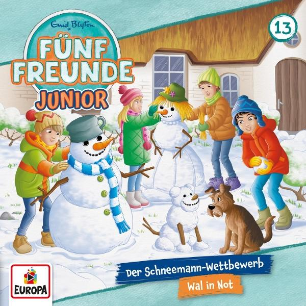 Kinder bauen Schneemänner, ein Hund ist in der Nähe. Ein Buchcover mit dem Titel "Fünf Freunde Junior".