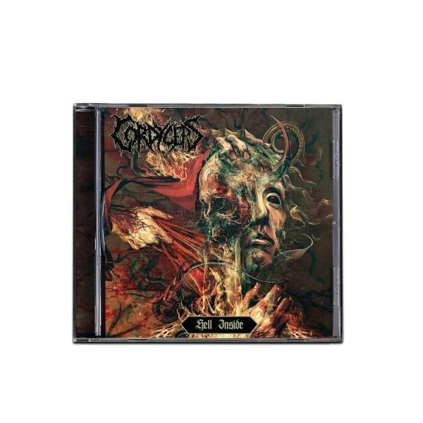 CD-Cover: ein geteiltes Gesicht, halb Schädel, halb Mensch. Dunkle Töne mit dem Text 'Hell Inside'. Bandname 'Corpore' oben.
