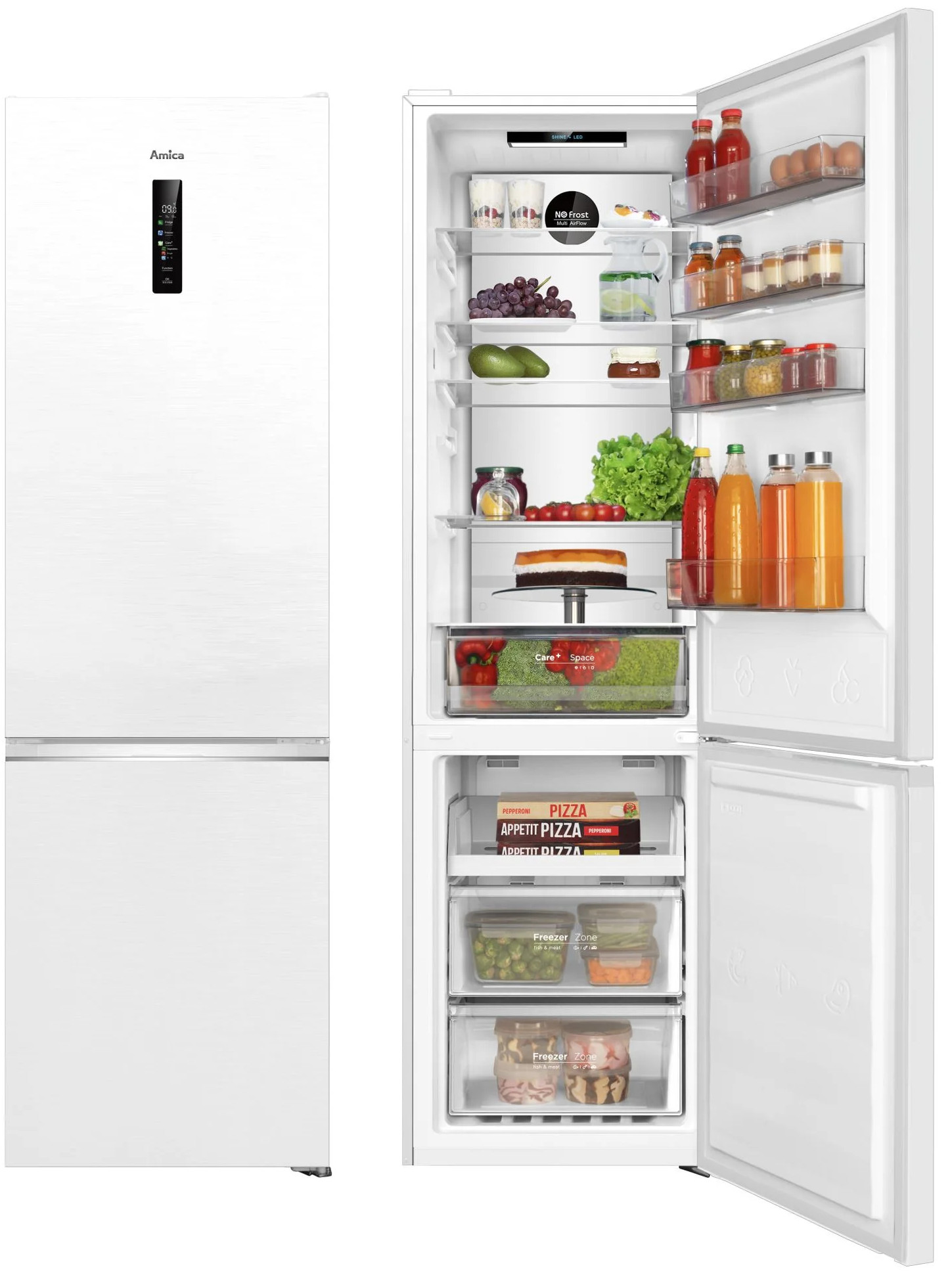 Biała lodówka z otwartymi drzwiami, odsłaniająca półki z jedzeniem, takim jak jajka, owoce, pizza i warzywa. Lewe drzwi są zamknięte.