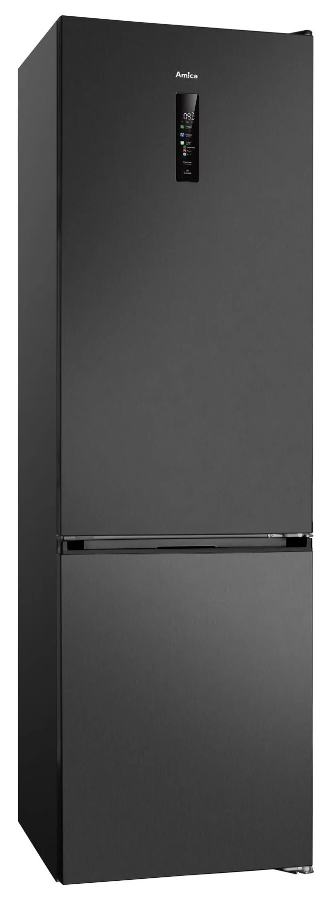 Czarna lodówka Amica z zamrażalnikiem na dole. Ma cyfrowy wyświetlacz i elegancki, nowoczesny design.