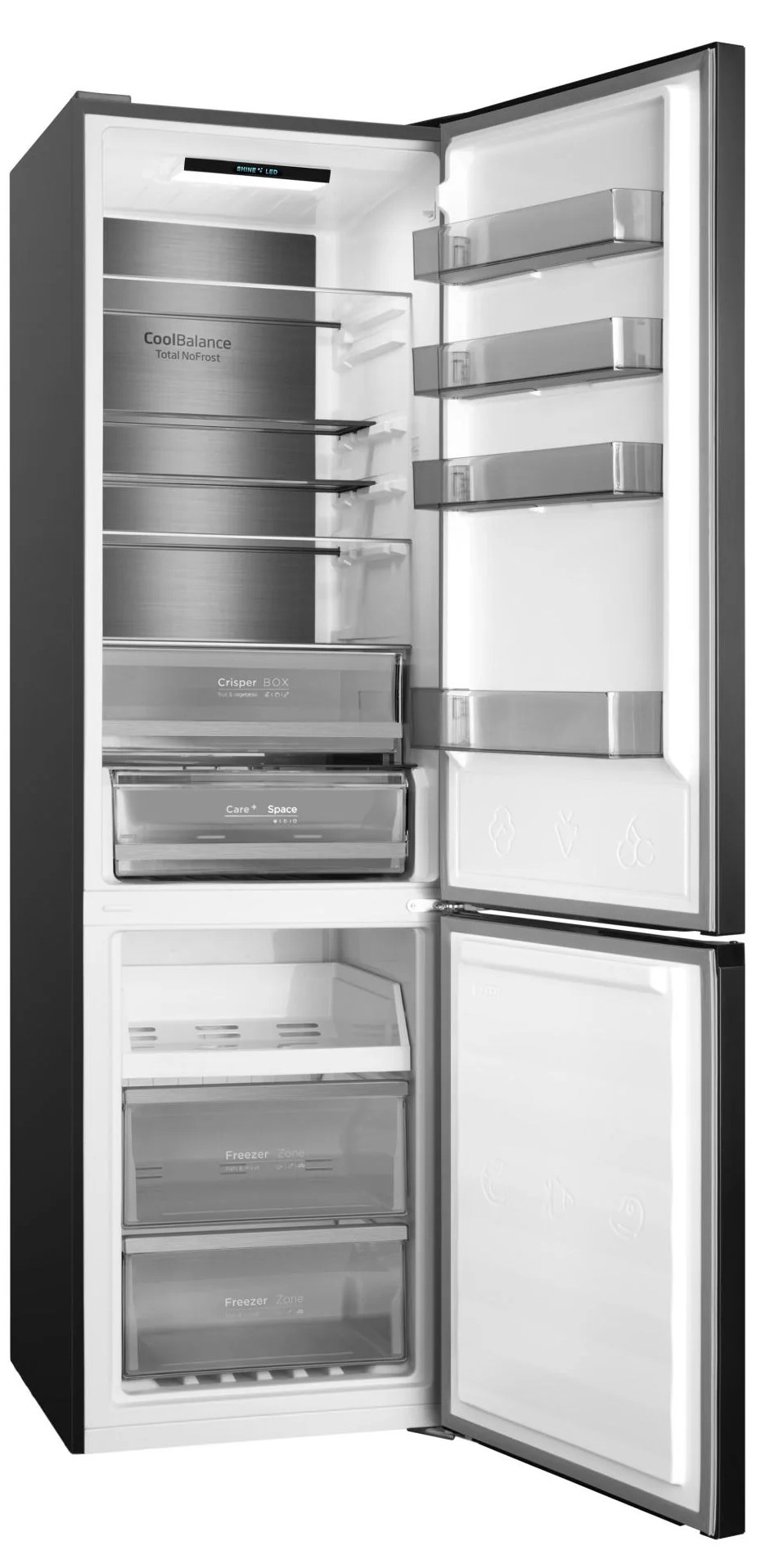 Otwarta lodówka z półkami, szufladami i przegródkami. Etykiety obejmują CoolBalance, Crisper Box, Care+ Space i Freezer Zone.
