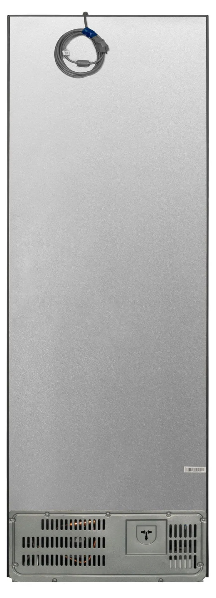 Tył szarej lodówki. Zawiera przewód zasilający, otwory wentylacyjne i gniazdo zasilania.