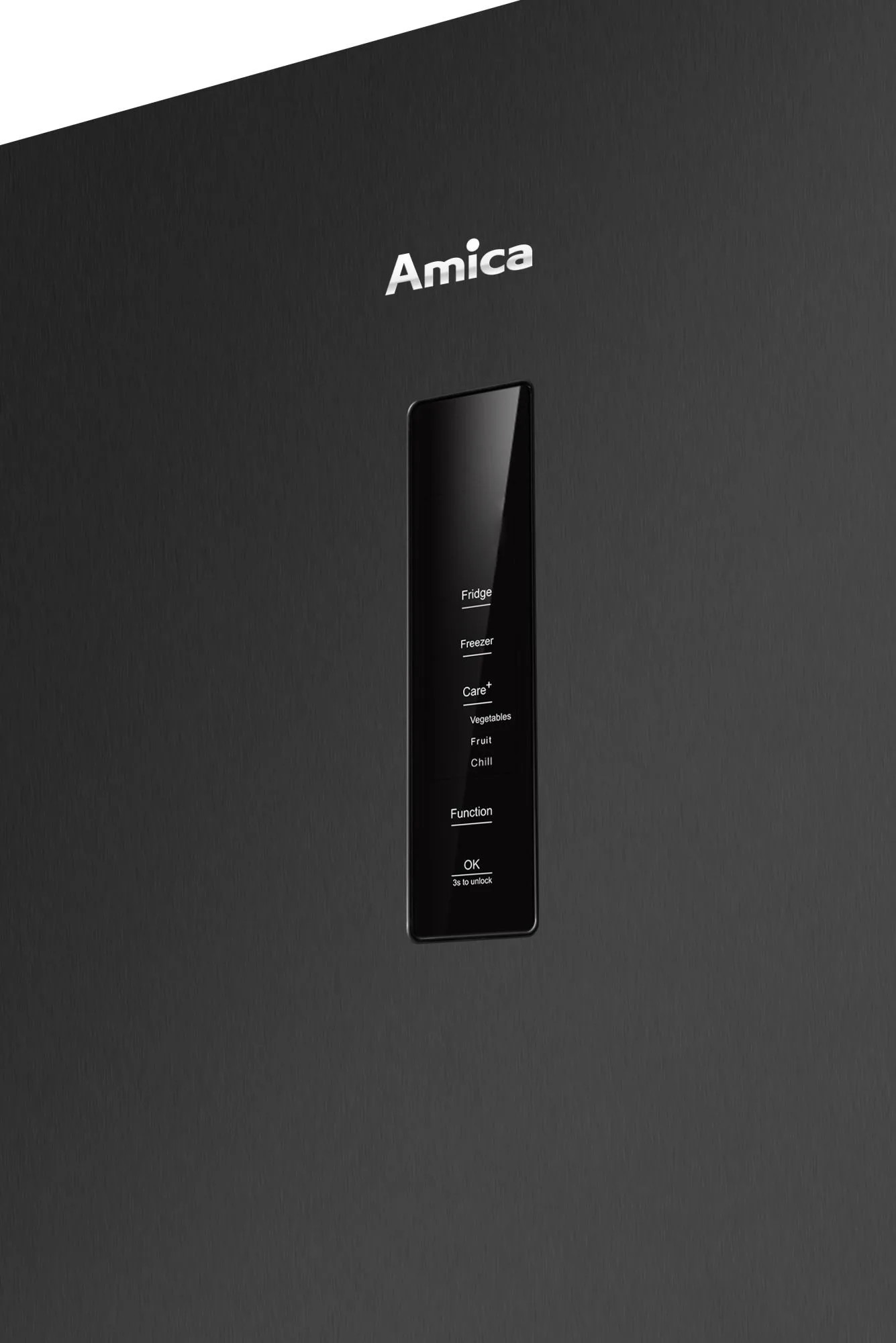 Czarna lodówka z marką Amica. Posiada czarny panel sterowania z opcjami dla lodówki, zamrażarki, pielęgnacji i innych funkcji.