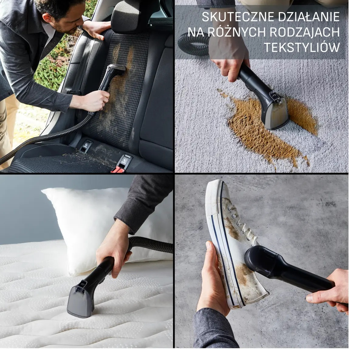 Osoba czyszcząca fotel samochodowy, dywan, materac i but czarnym narzędziem czyszczącym, usuwając brud i plamy.