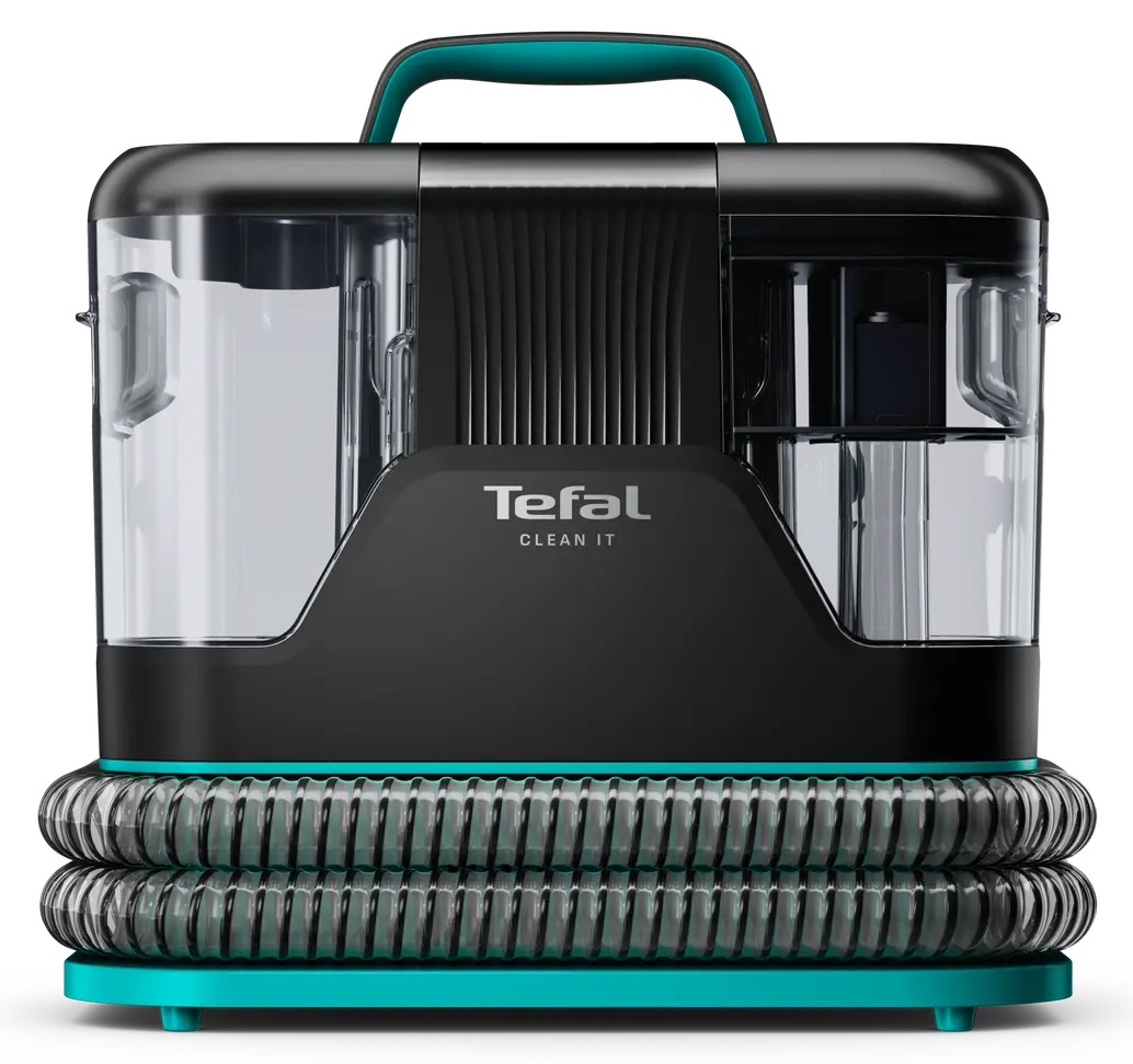 Maszyna Tefal Clean It. Ma czarny korpus, turkusowy uchwyt i turkusową podstawę. Posiada dwa przezroczyste zbiorniki na wodę.