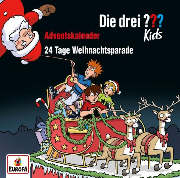 Cartoon: Weihnachtsmann zieht Schlitten mit Kindern und Rentieren. Text: 'Die drei ??? Kids Adventskalender 24 Tage Weihnachtsparade'.