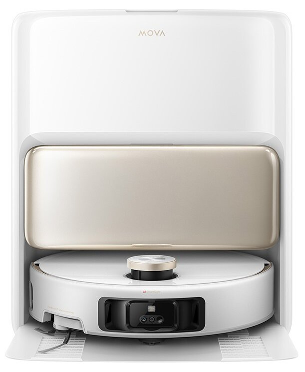 Biały robot odkurzający MOVA w stacji dokującej. Stacja jest biała ze złotą przegrodą.