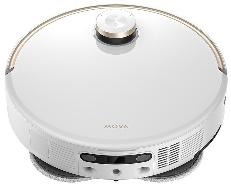 Biały robot sprzątający MOVA ze złotymi akcentami. Ma okrągły kształt, z centralnym panelem sterowania i nakładkami do czyszczenia.