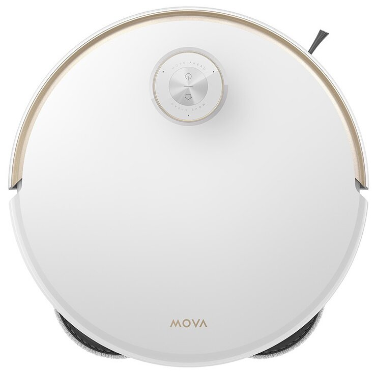 Biały odkurzacz robotyczny ze złotym wykończeniem. Posiada centralny panel sterowania i widoczną markę MOVA.