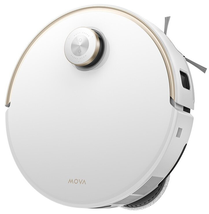 Biały, okrągły odkurzacz robot z złotymi akcentami i pokrętłem sterowania. Widoczna nazwa marki 'MOVA'.