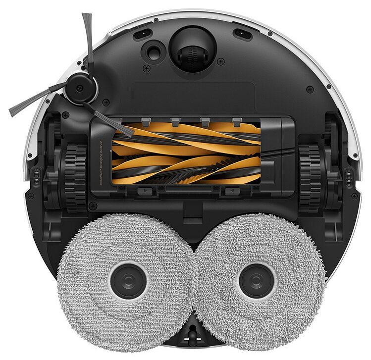 Odkurzacz robotyczny o okrągłym kształcie, czarno-biały korpus. Posiada dwa szare, okrągłe mopy i żółto-czarną szczotkę.