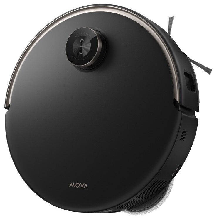 Czarny robot odkurzający MOVA. Ma okrągły kształt ze srebrnym obramowaniem. Ma przycisk zasilania i małą szczotkę.