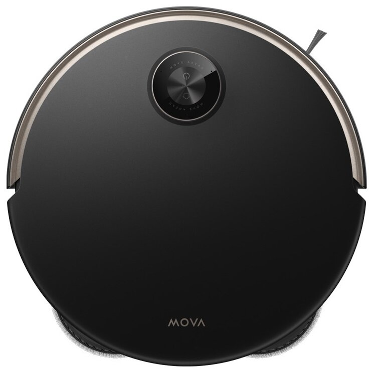Widok z góry na czarny odkurzacz robot MOVA. Ma srebrną obwódkę i przycisk zasilania. Widoczna szczotka.