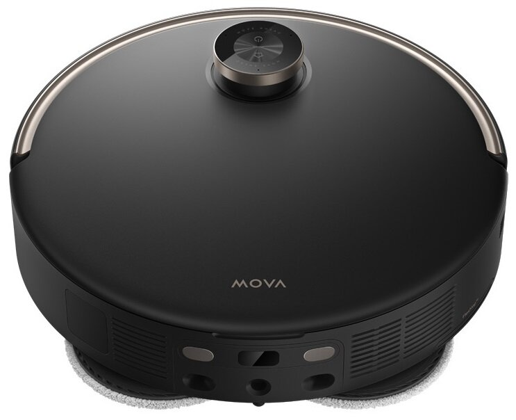 Czarny robot sprzątający MOVA. Ma okrągły kształt ze srebrną obwódką. Na górze znajduje się panel sterowania. Na dole znajduje się nakładka czyszcząca.