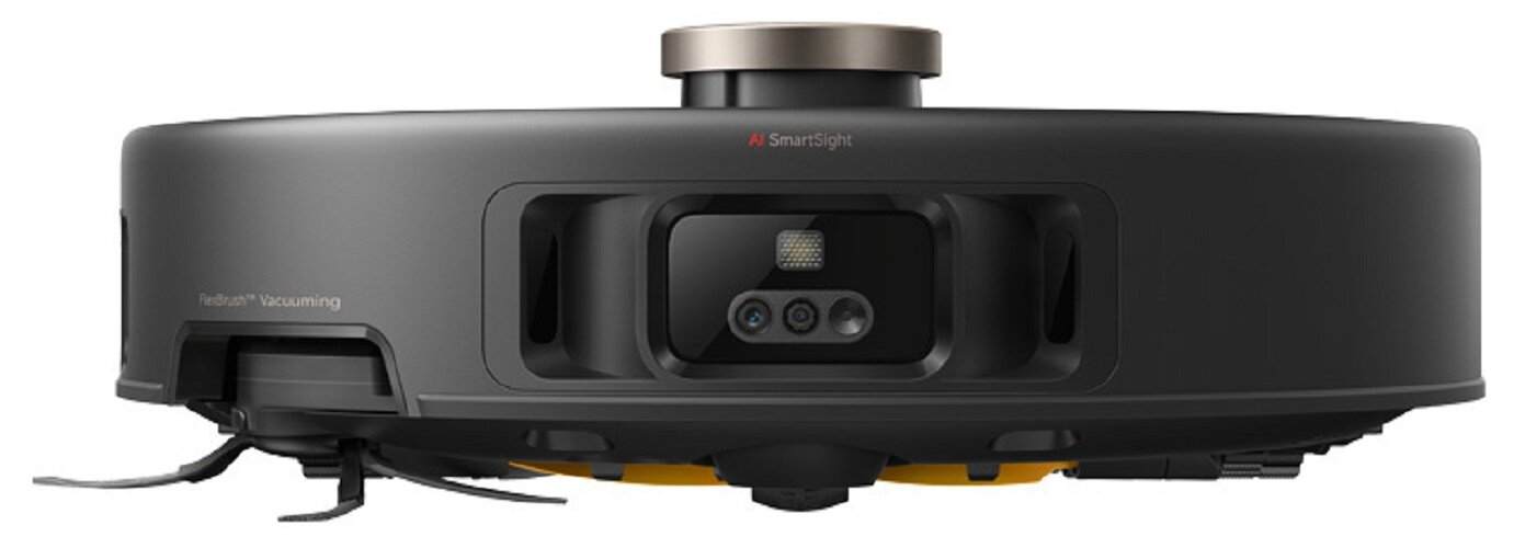Czarny i szary robot odkurzający z kamerą i czujnikami. Posiada etykiety "AI SmartSight" i "RedBrush Vacuuming".