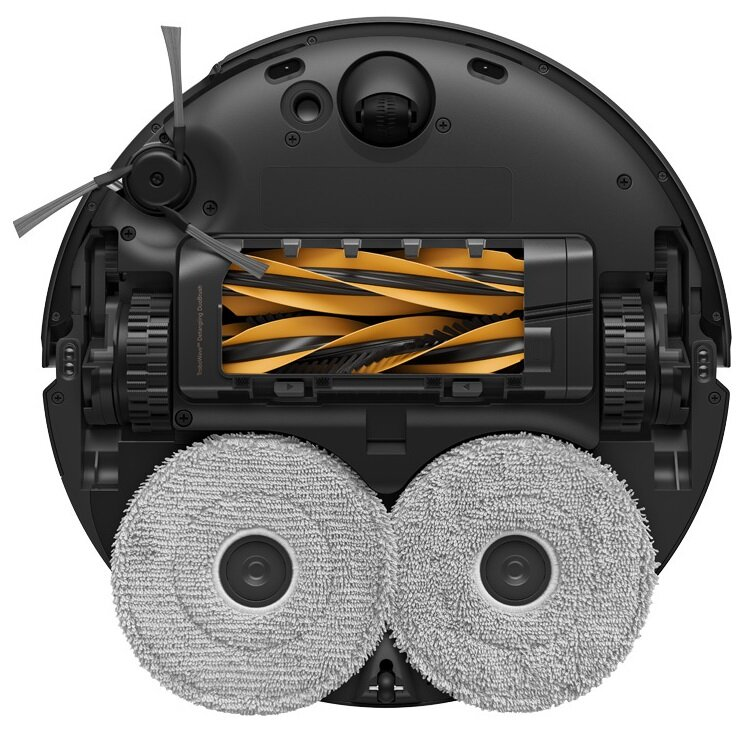 Widok od spodu robota sprzątającego. Czarny korpus z żółto-czarną szczotką, dwie szare nakładki czyszczące i szczotki boczne.