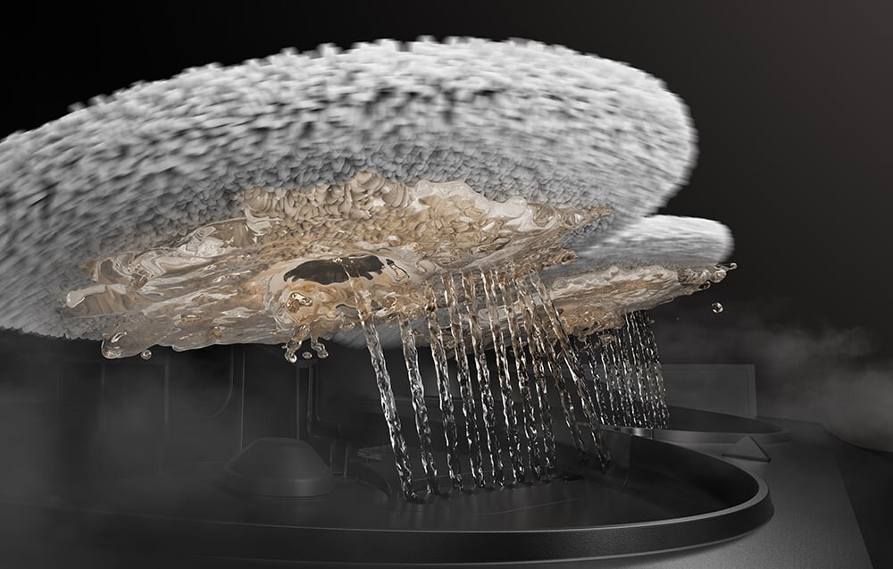 Zbliżenie urządzenia czyszczącego z wodą spływającą z teksturowanej powierzchni. Tło jest ciemne z zamglonymi elementami.