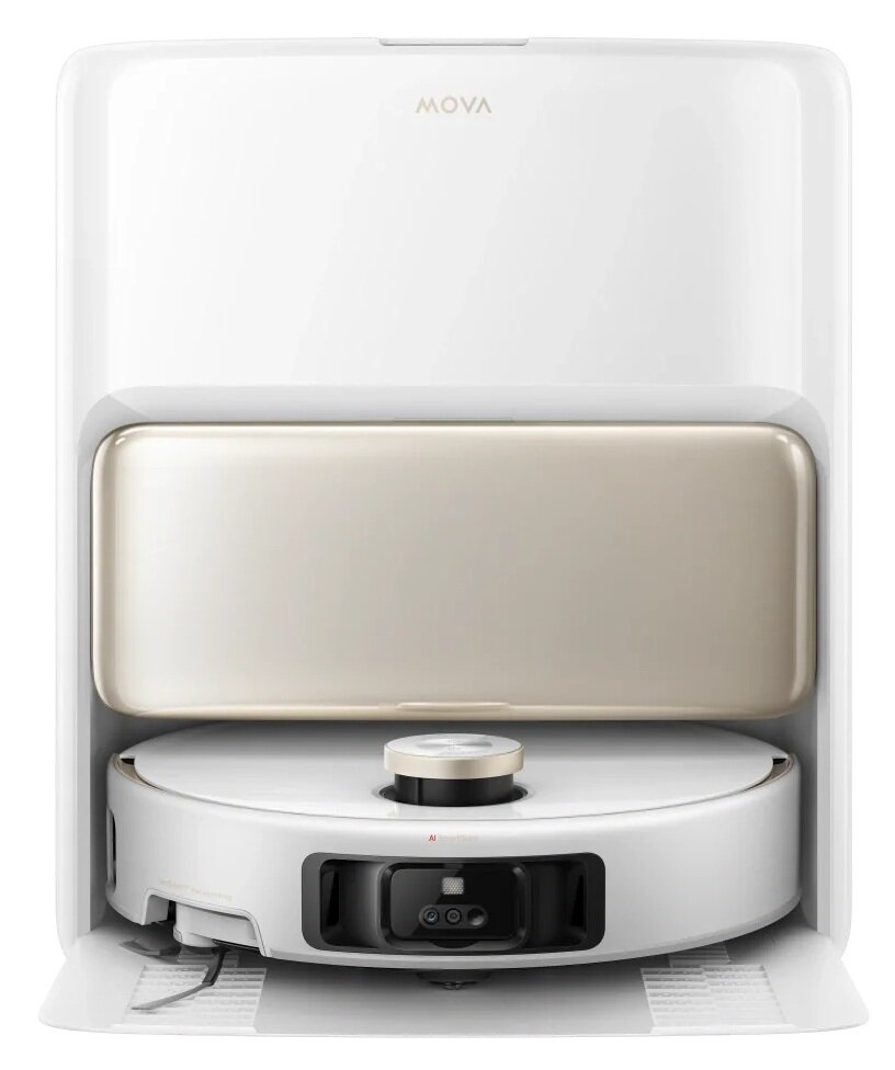 Biały robot sprzątający MOVA w stacji ładującej. Stacja jest również biało-złota.