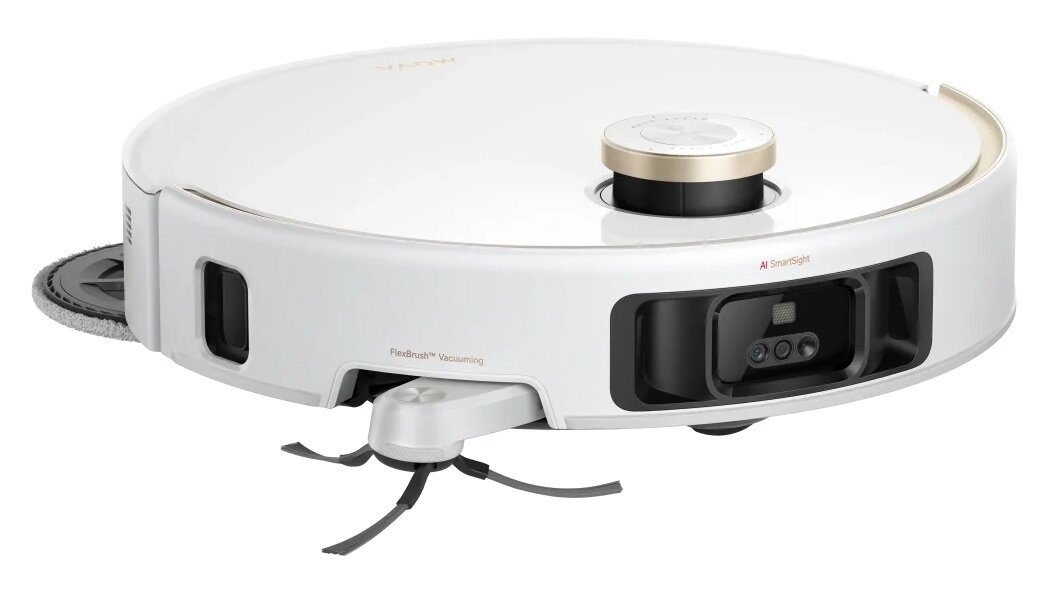 Biały i złoty odkurzacz automatyczny. Ma okrągły kształt z czarną sekcją kamery. Ma również szczotkę do czyszczenia.