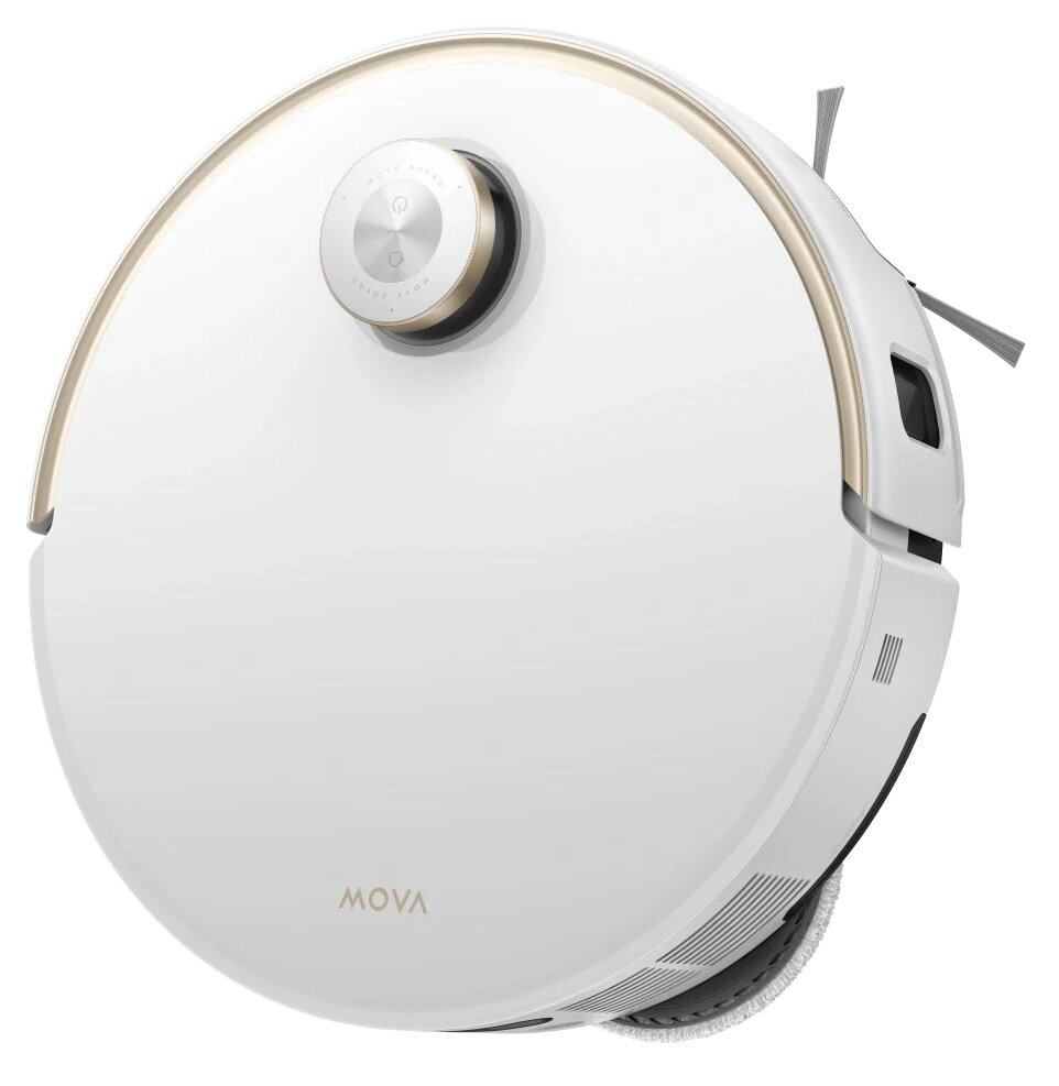 Biały i złoty odkurzacz automatyczny. Ma okrągły kształt. Marka to MOVA.