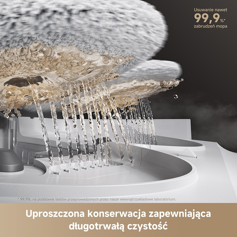 Zbliżenie pokazuje wodę wylewającą się z urządzenia czyszczącego, podkreślając jego zdolność do usuwania brudu. Tekst mówi o 99,9% usuwania brudu.