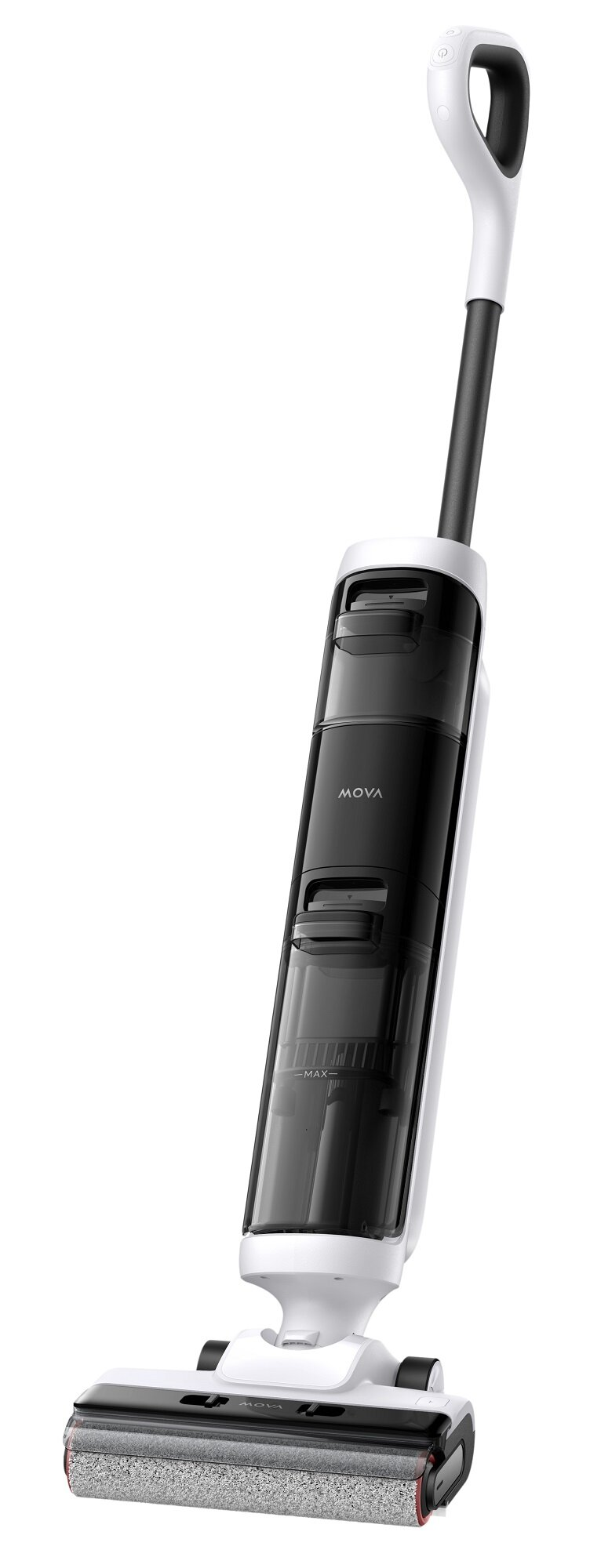 Biało-czarny odkurzacz do podłóg MOVA. Posiada uchwyt, czarny korpus i głowicę czyszczącą. Tło jest białe.
