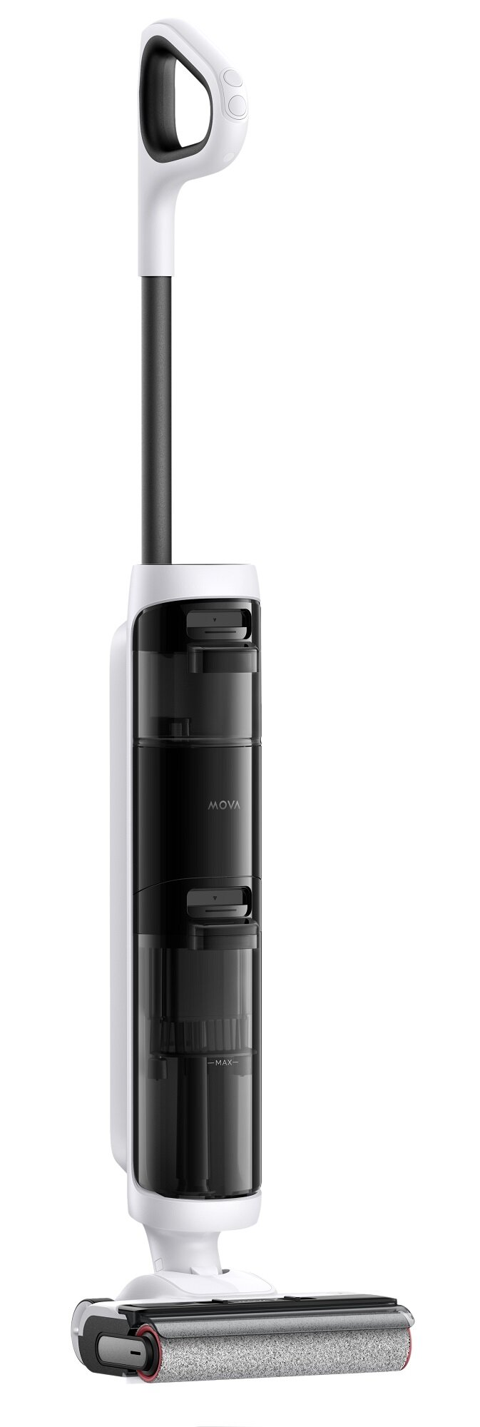 Biało-czarny bezprzewodowy odkurzacz MOVA. Ma uchwyt, czarny drążek i szczotkę rolkową na dole.