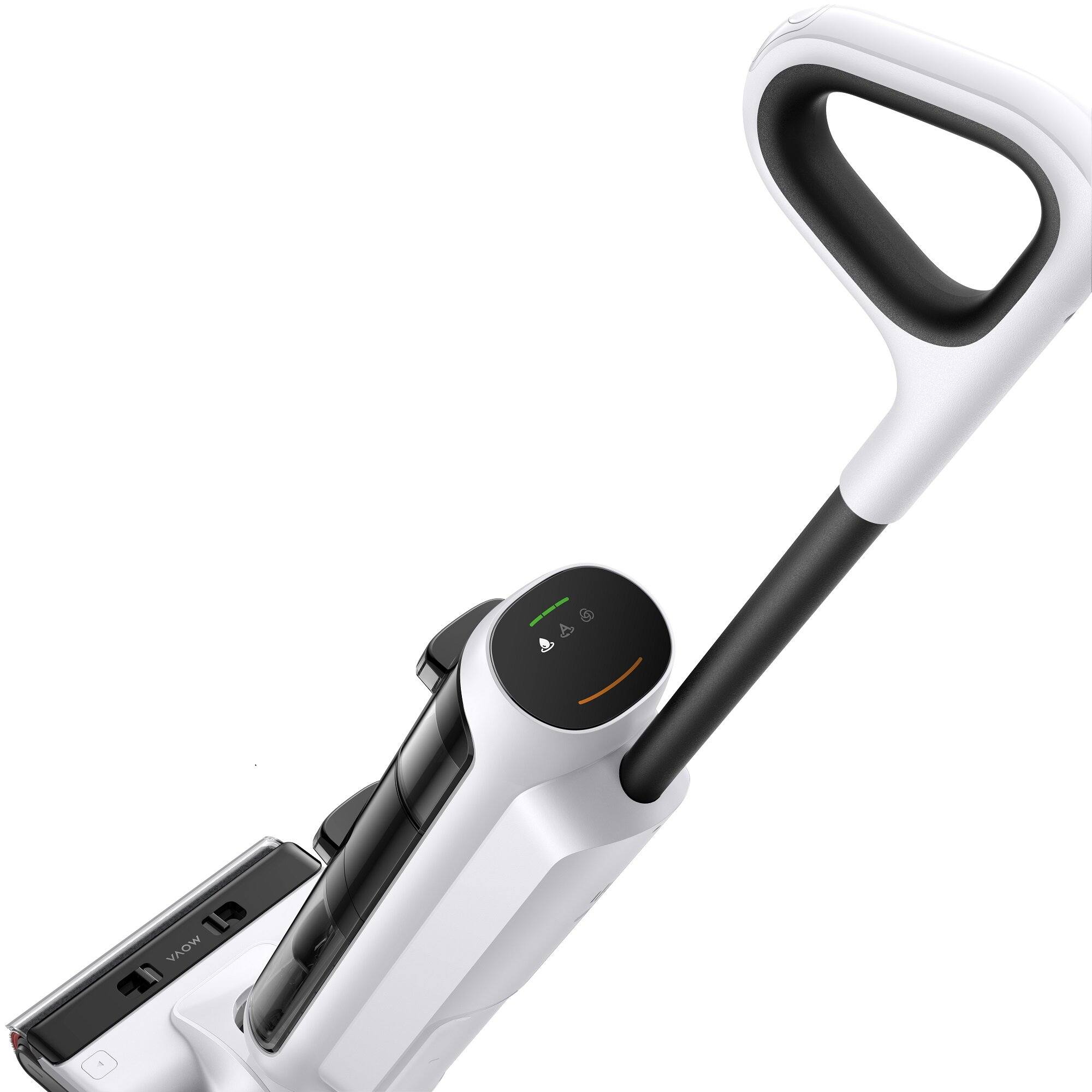 Biało-czarny odkurzacz. Ma uchwyt, czarny uchwyt i wyświetlacz z kilkoma wskaźnikami. Marka to MOVA.