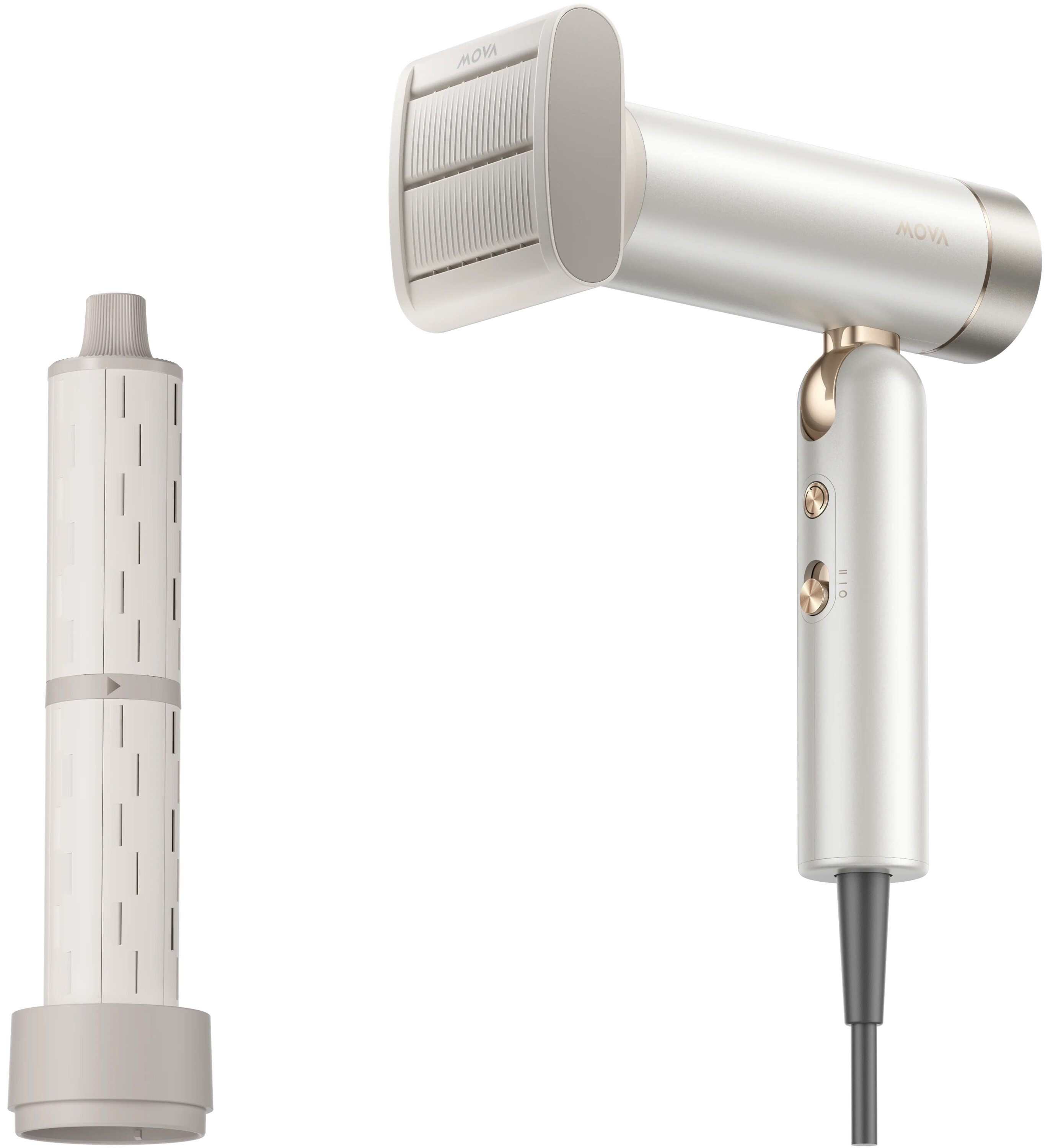 Biała i złota suszarka do włosów i filtr. Suszarka ma przyciski i dyszę. Filtr jest cylindryczny.