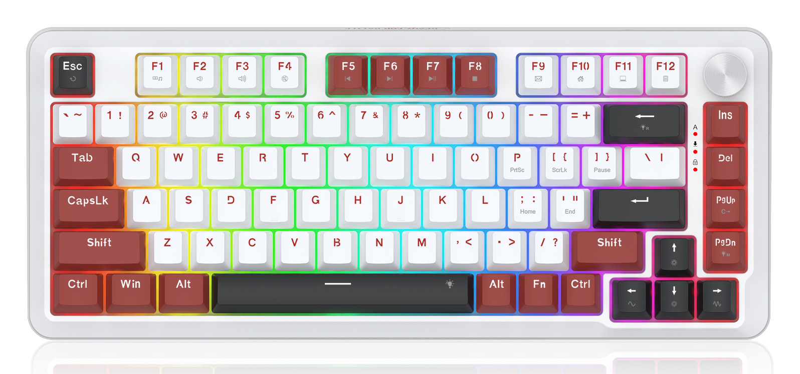 Biała klawiatura mechaniczna z kolorowymi klawiszami i czerwonymi klawiszami akcentującymi. Posiada klawisze funkcyjne, pokrętło głośności i czarny spacj.