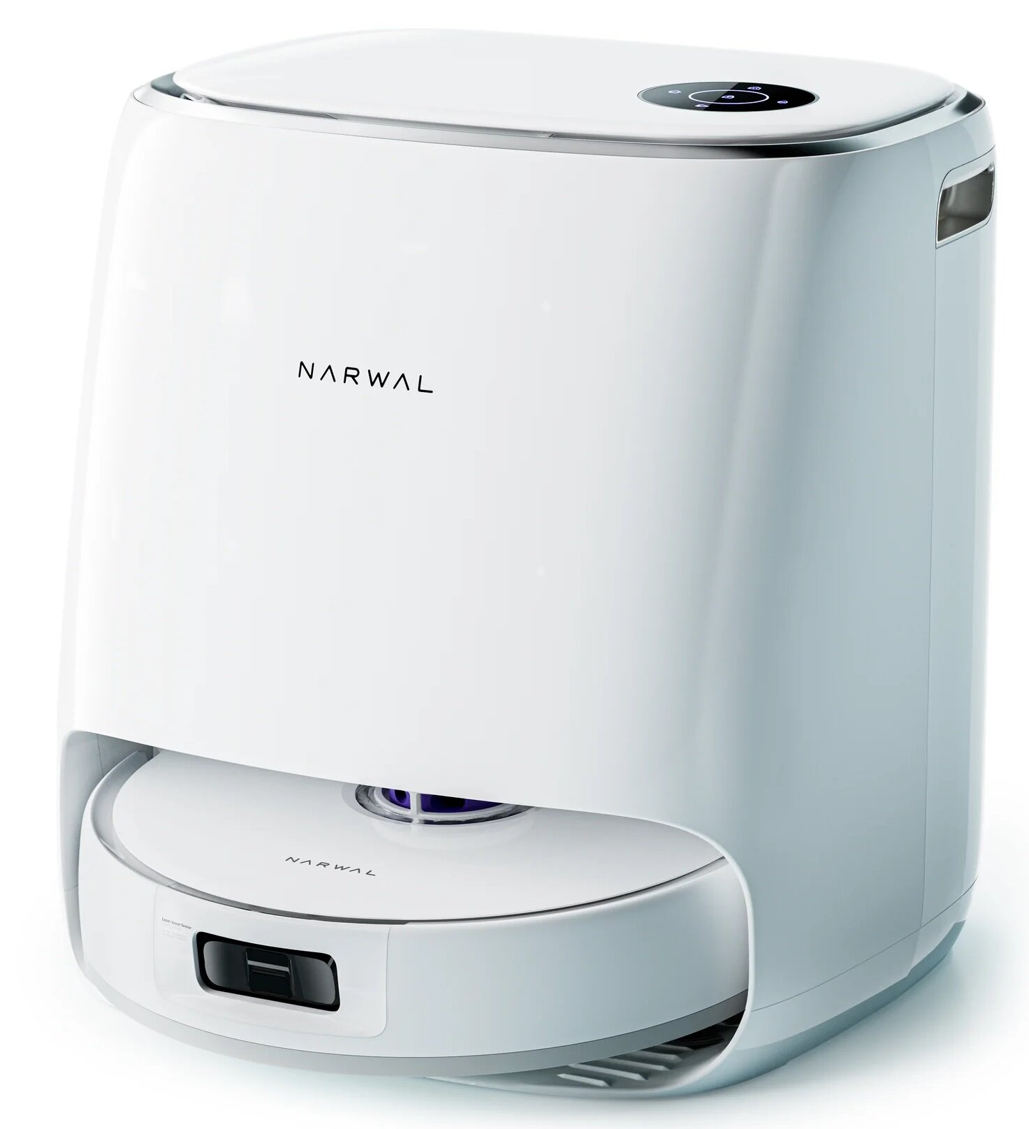 Biały robot sprzątający Narwal. Ma zaokrągloną górę z panelem sterowania i okrągłą podstawą czyszczącą.
