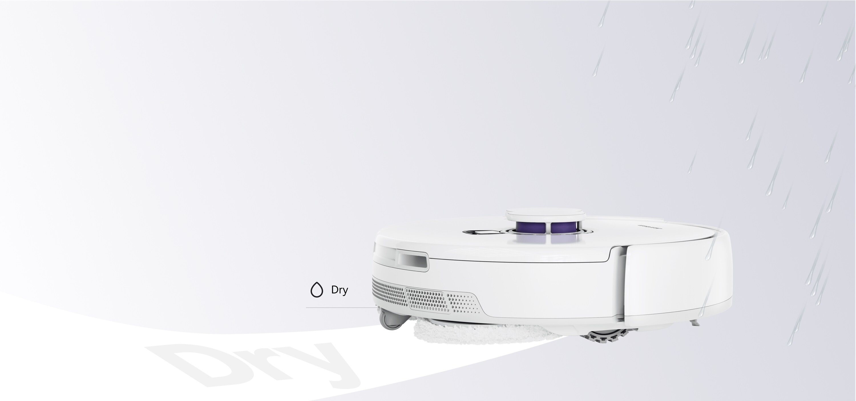 Biały odkurzacz robotyczny z fioletowym wierzchem w centrum. Krople deszczu spadają w tle. Wyświetlane jest słowo 'Dry'.